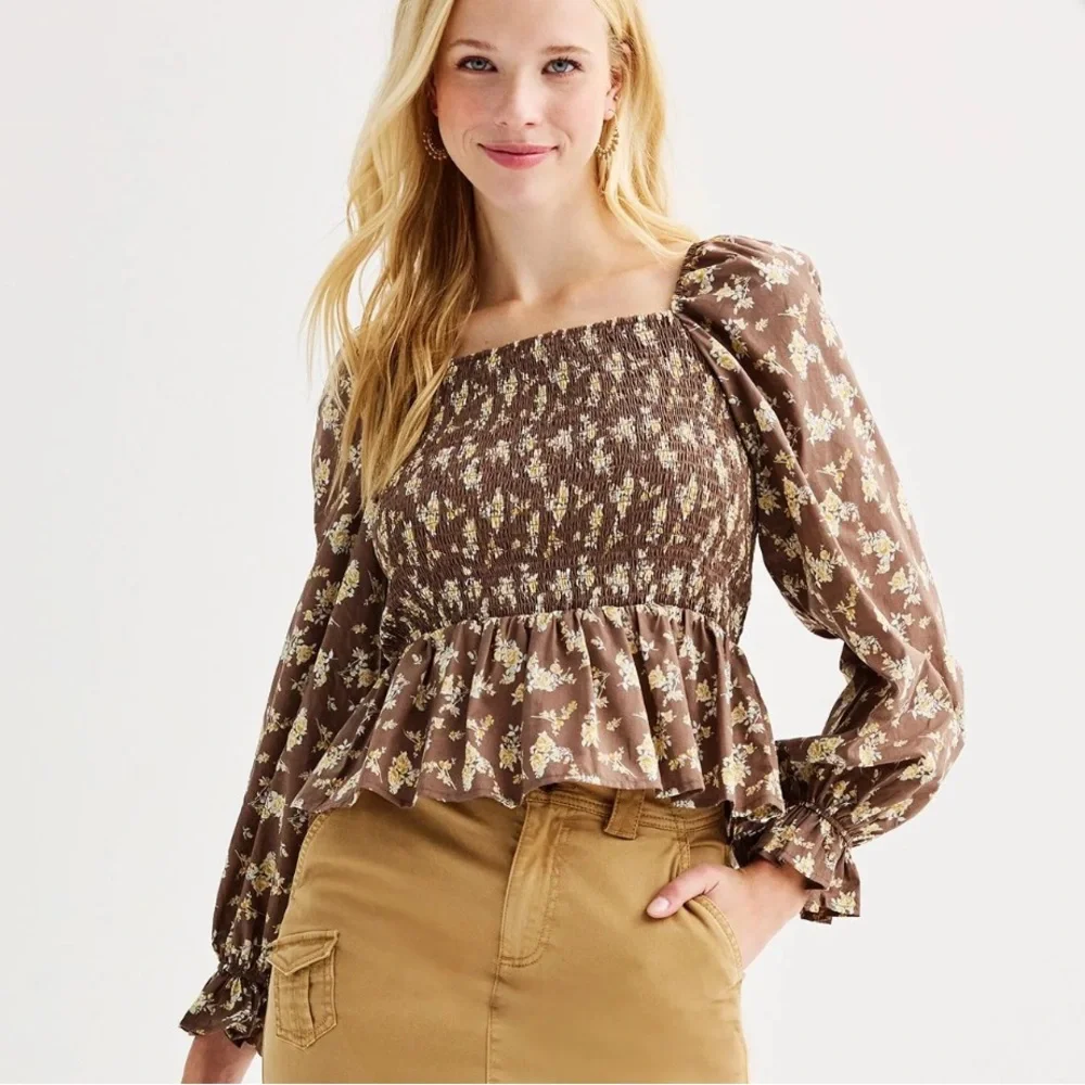 NWT Brown & Yellow Floral Smocked Long Puff Sleeve Women's Top. Size S.